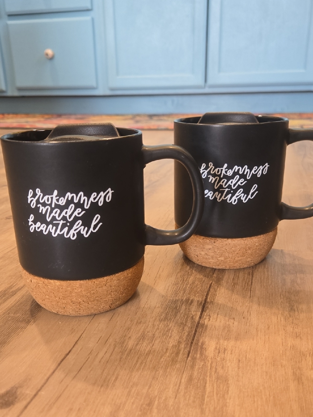 Set Of 2 Black Cork-Bottom Ceramic Mugs - 'Brokenness Made Beautiful'